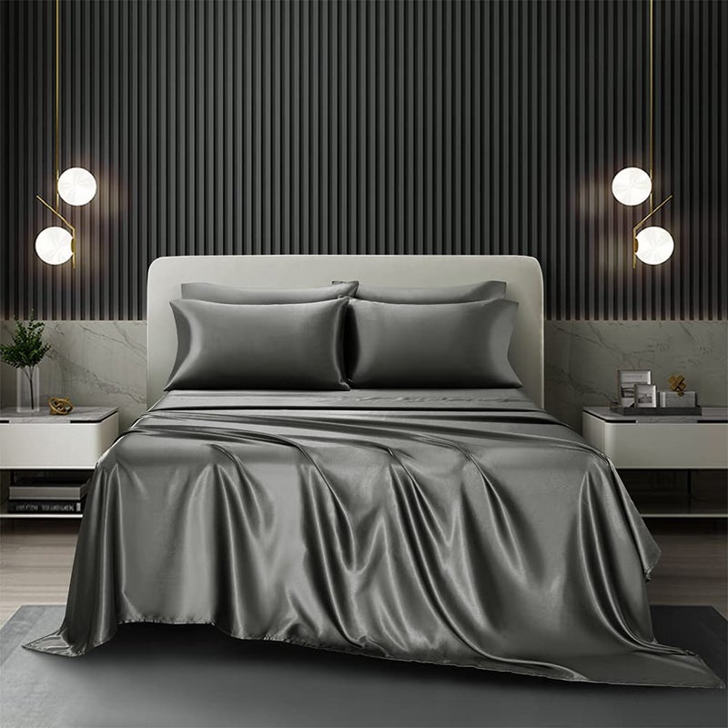 AiMay 6 Piece Satin Bedding Sheet Set Queen Grey Deep Pocket 1800 Series Luxury Rich Silk Silky Super Soft Solid Color 4 Pillowcases Reversible Sexy Honeymoon Wrinkle Free (Queen,Grey) - Image 2